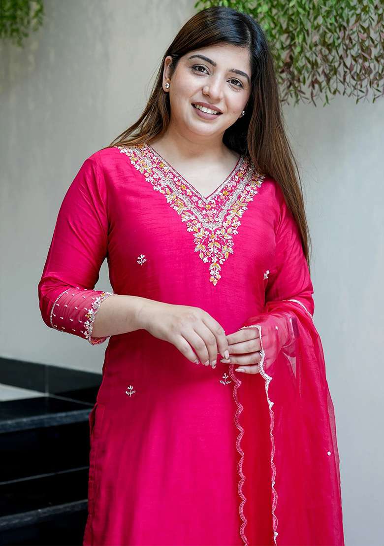 Rani Pink Embroidered Viscose Straight Kurta Set - Indya