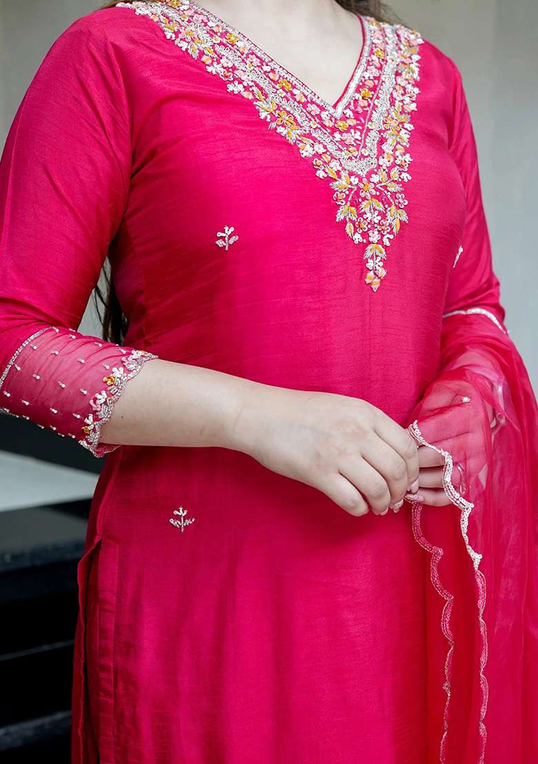 Rani Pink Embroidered Viscose Straight Kurta Set - Indya