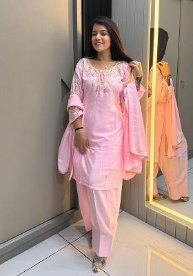 Baby Pink Embroidery Crepe Salwar Suit Set