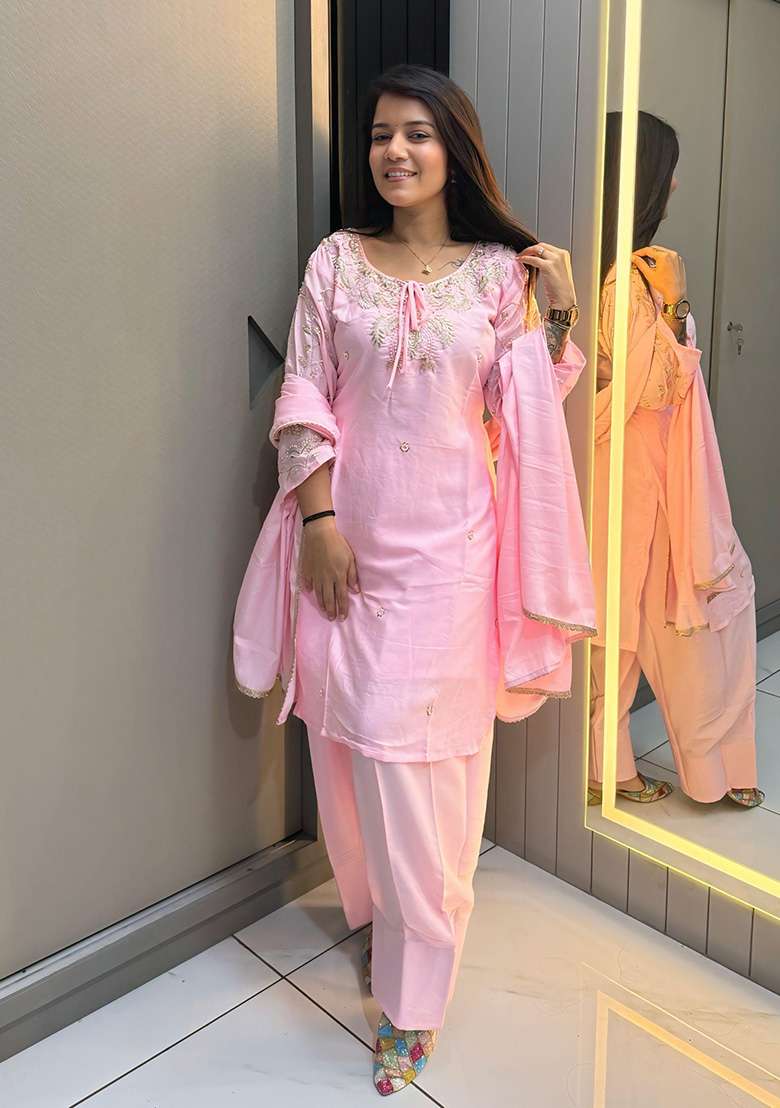 Baby Pink Embroidered Crepe Straight Kurta Set - Indya