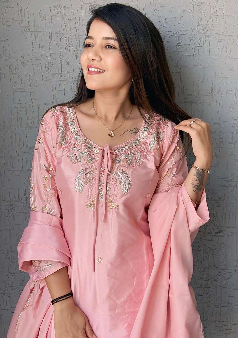 Baby Pink Embroidered Crepe Straight Kurta Set - Indya