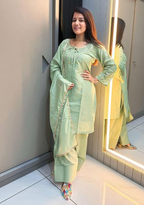 Green Embroidery Crepe Salwar Suit Set