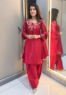 Red Embroidered Crepe Pakistani Suit Set