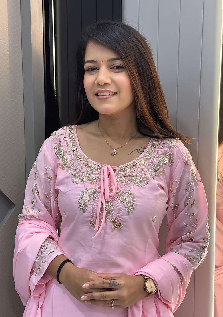 Peach Embroidered Crepe Pakistani Suit Set - Indya