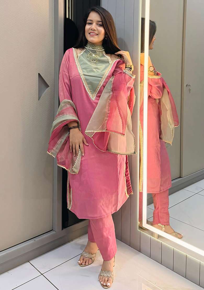 Rani Pink Solid Shimmer Pakistani Suit Set - Indya