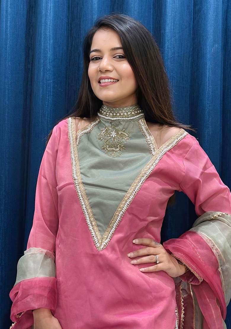 Rani Pink Solid Shimmer Pakistani Suit Set - Indya