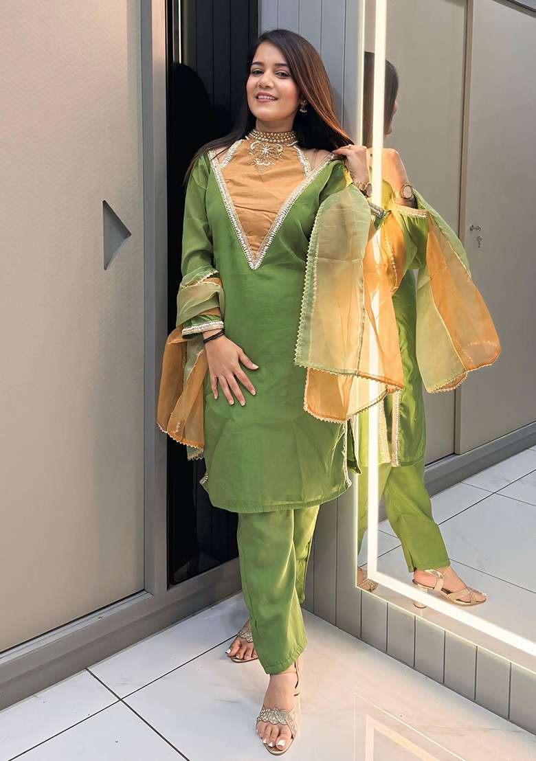 Parrot Green Solid Silk Blended Pakistani Suit Set - Indya