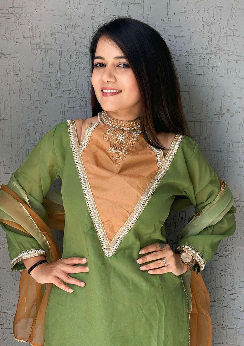 Parrot Green Solid Silk Blended Pakistani Suit Set - Indya