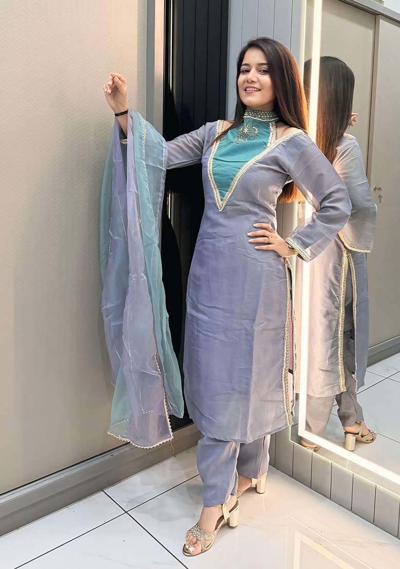 Blue Solid Shimmer Pakistani Suit Set - Indya
