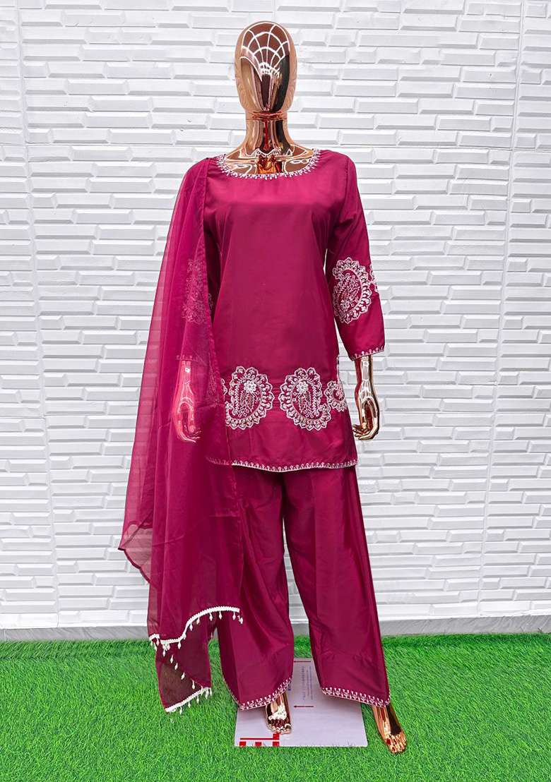 Dark Magenta Embroidered Crepe Straight Kurta Set - Indya