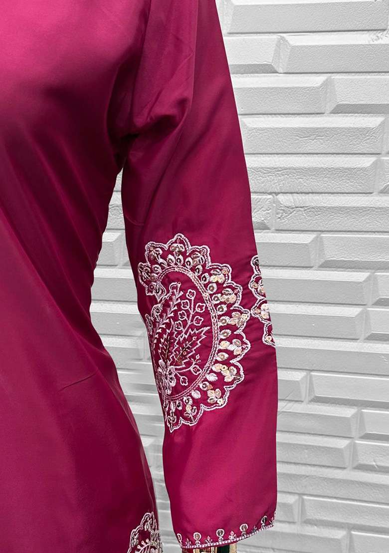 Dark Magenta Embroidered Crepe Straight Kurta Set - Indya