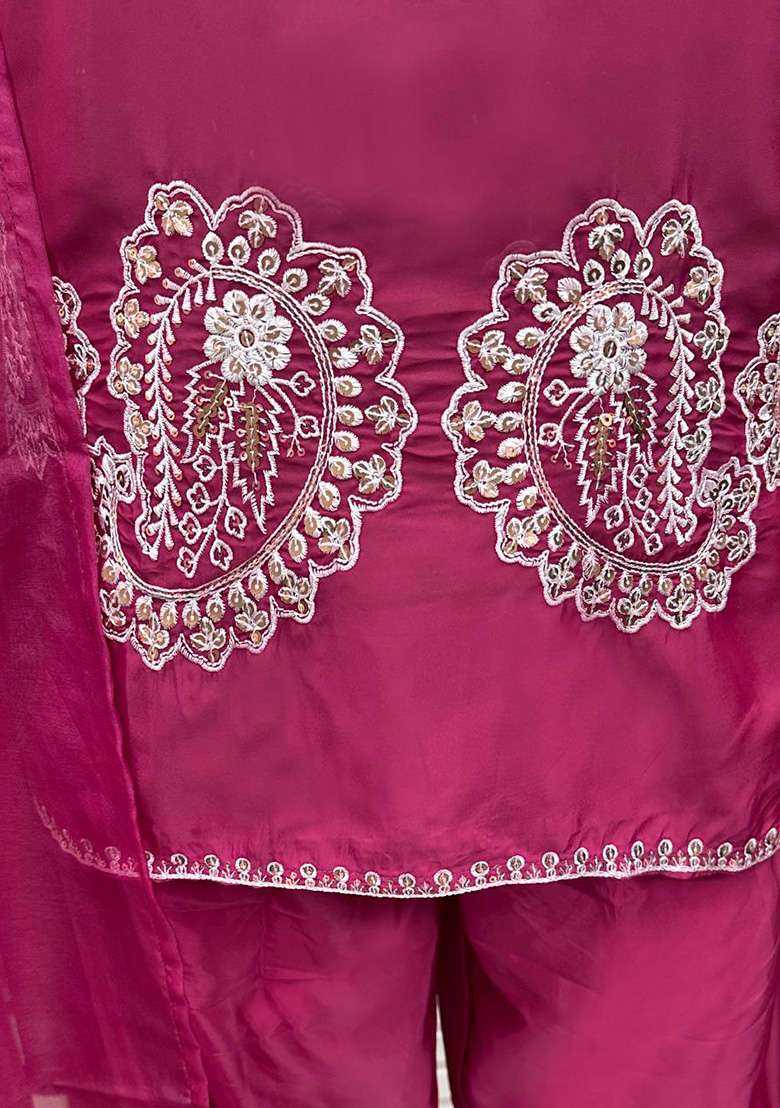 Dark Magenta Embroidered Crepe Straight Kurta Set - Indya