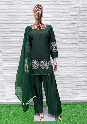 Dark Green Embroidery Crepe Salwar Suit Set