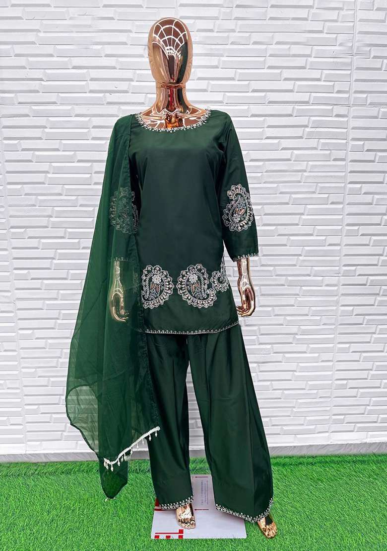 Dark Green Embroidered Crepe Straight Kurta Set - Indya