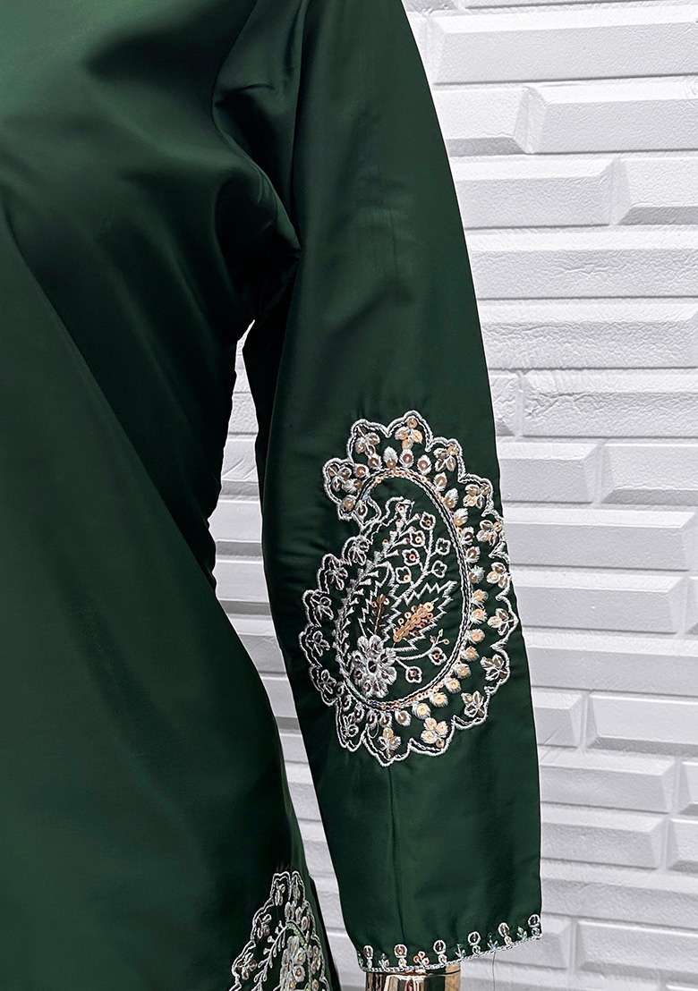 Dark Green Embroidered Crepe Straight Kurta Set - Indya