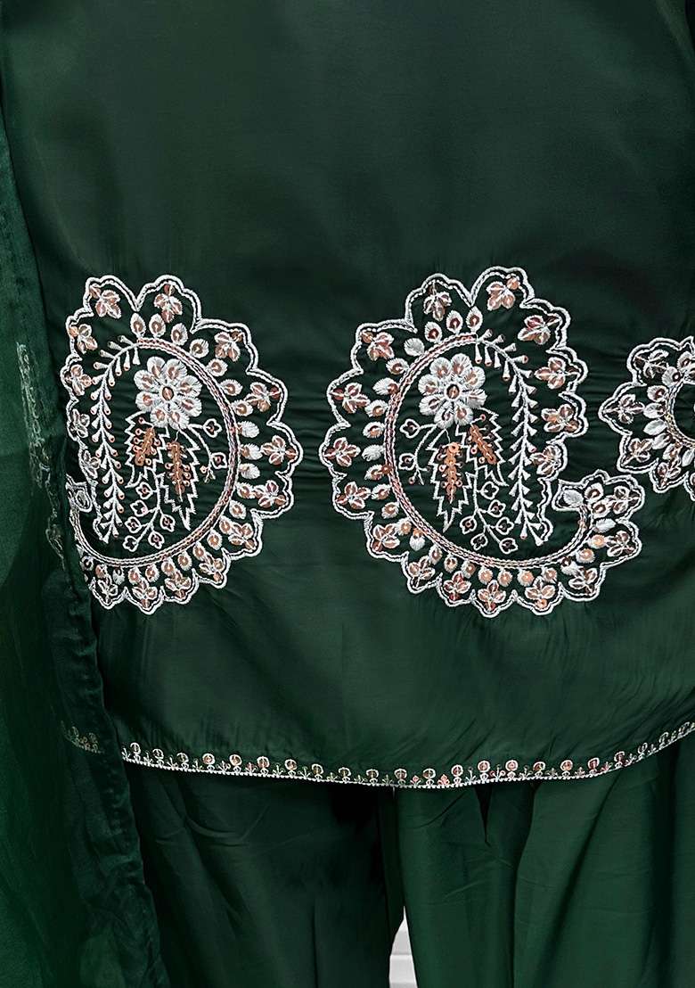 Dark Green Embroidered Crepe Straight Kurta Set - Indya