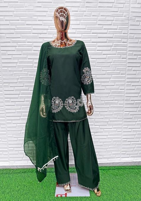 Dark Green Embroidery Crepe Salwar Suit Set
