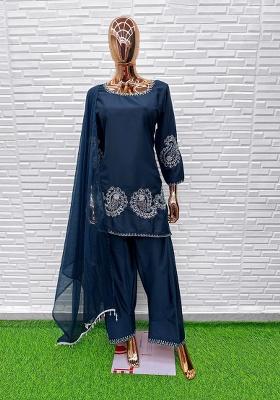 Navy Blue Embroidery Crepe Salwar Suit Set