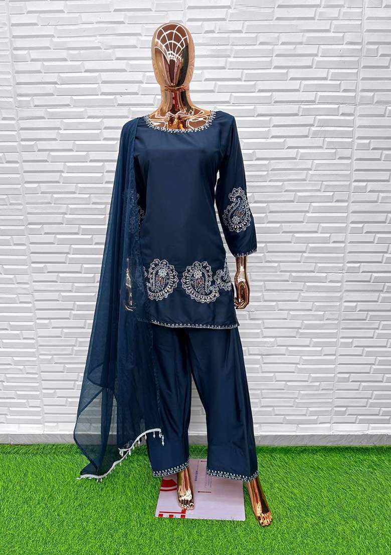 Navy Blue Embroidered Crepe Straight Kurta Set - Indya