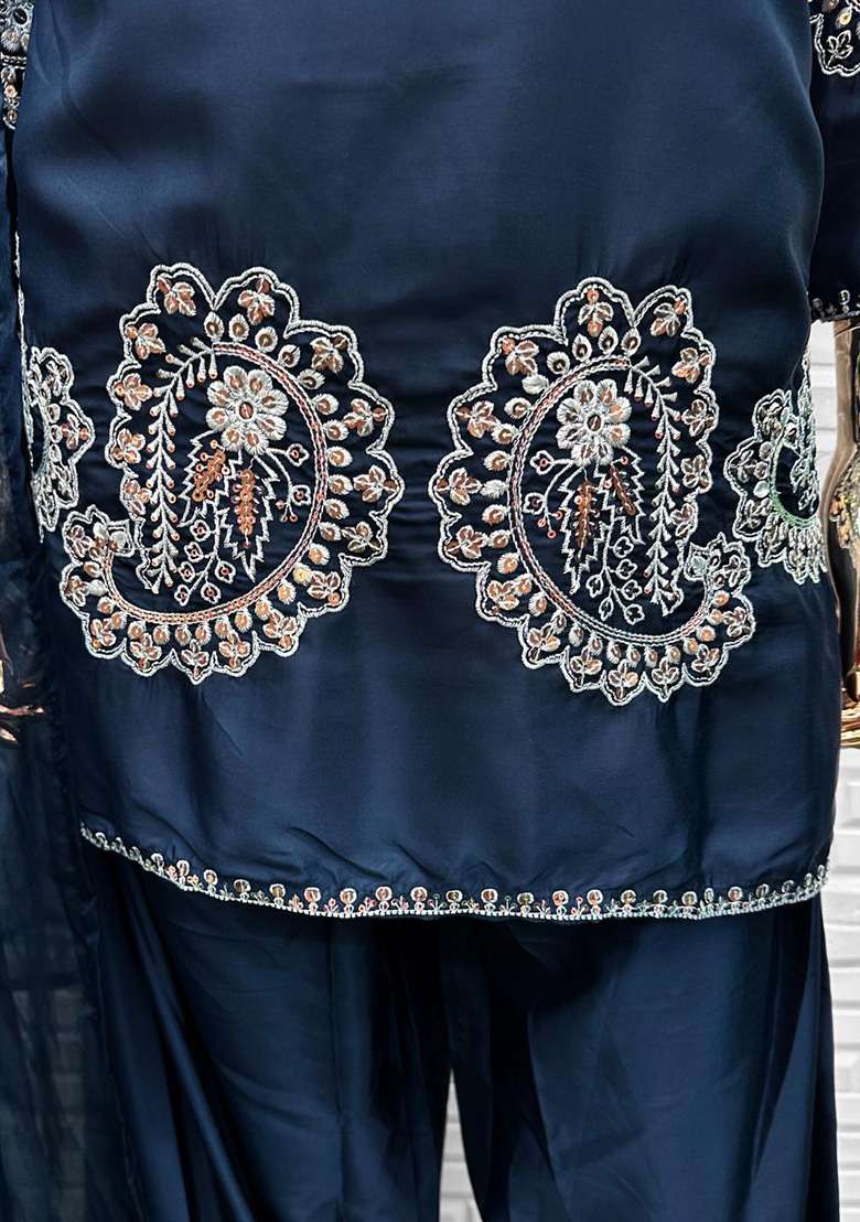 Navy Blue Embroidered Crepe Straight Kurta Set - Indya