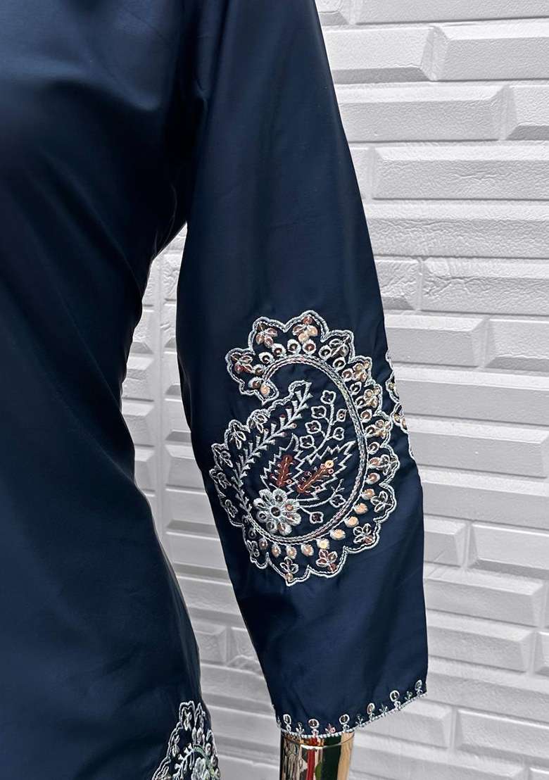 Navy Blue Embroidered Crepe Straight Kurta Set - Indya