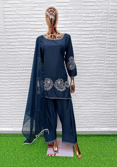 Navy Blue Embroidery Crepe Salwar Suit Set