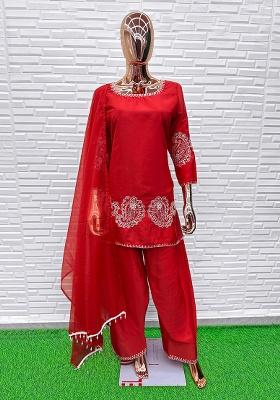 Red Embroidered Crepe Straight Kurta Set