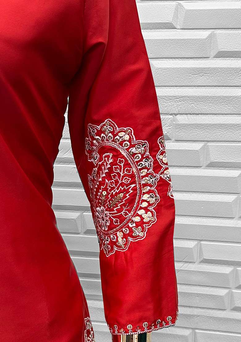 Red Embroidered Crepe Straight Kurta Set - Indya