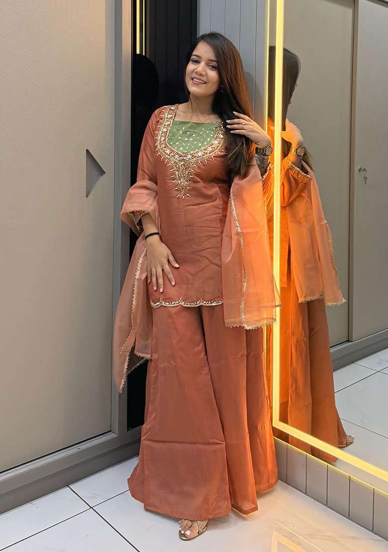 Dark Peach Embroidered Shimmer Sharara Set - Indya
