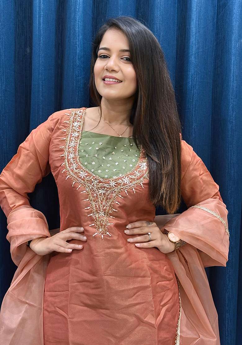 Dark Peach Embroidered Shimmer Sharara Set - Indya