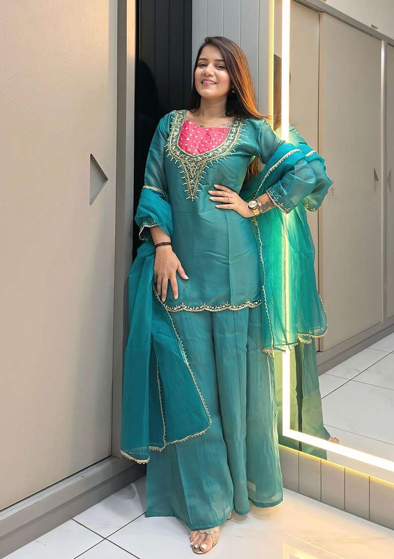 Sky Blue Embroidered Shimmer Sharara Set - Indya