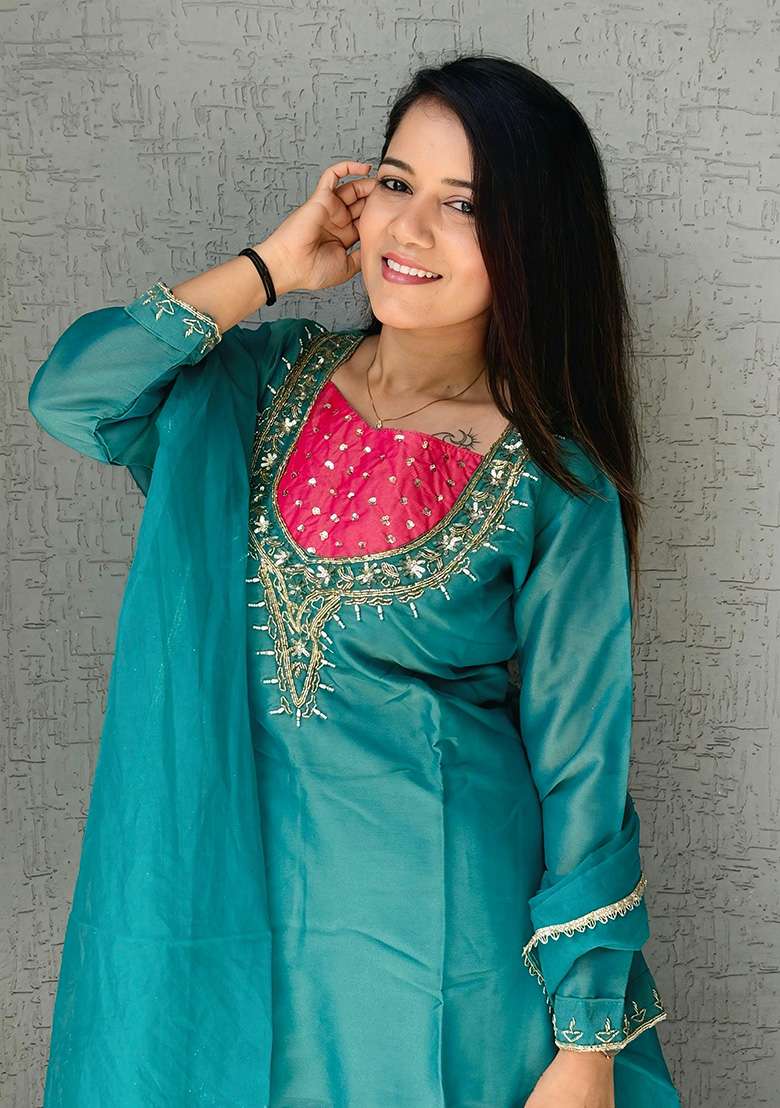 Sky Blue Embroidered Shimmer Sharara Set - Indya