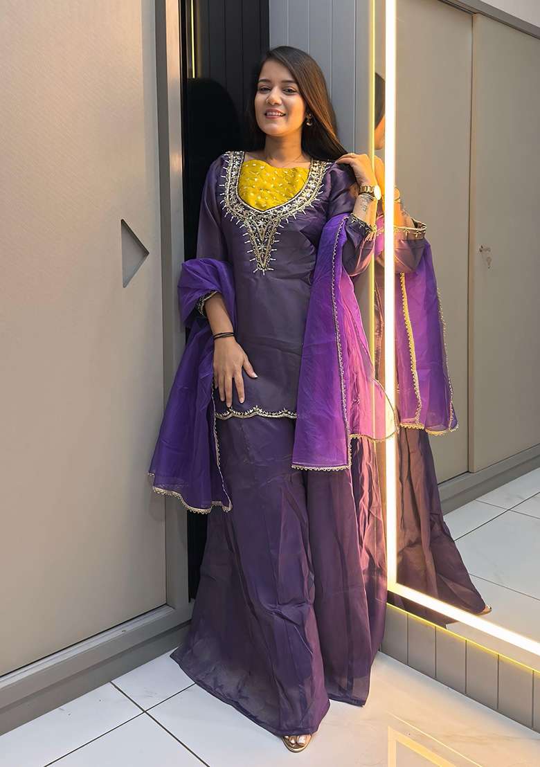 Purple Embroidered Shimmer Sharara Set - Indya