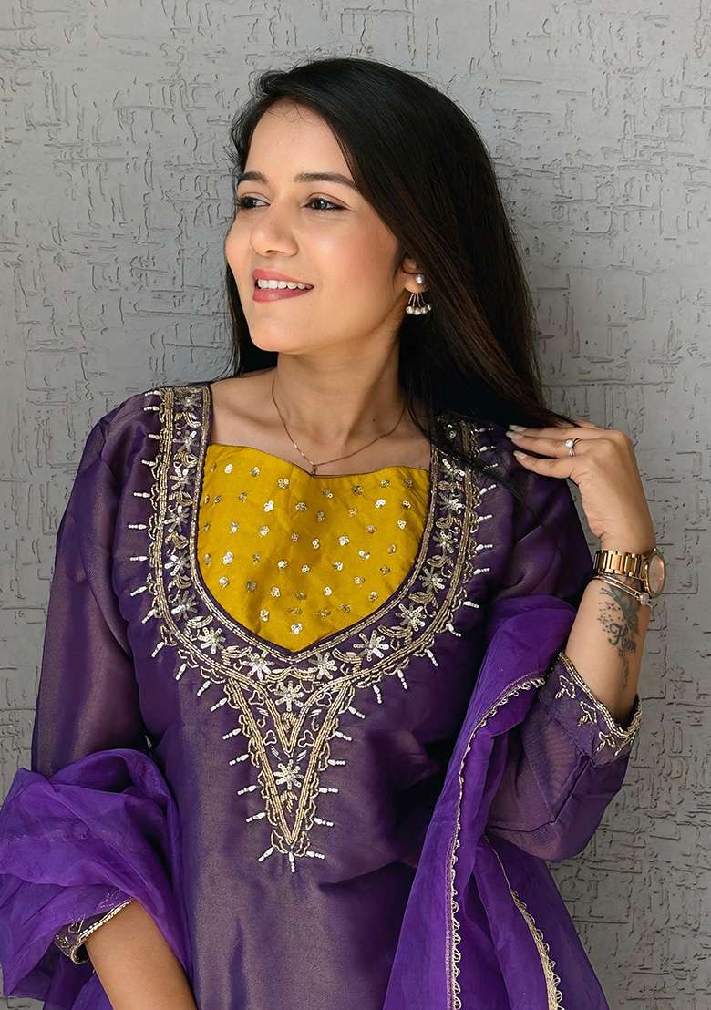 Purple Embroidered Shimmer Sharara Set - Indya
