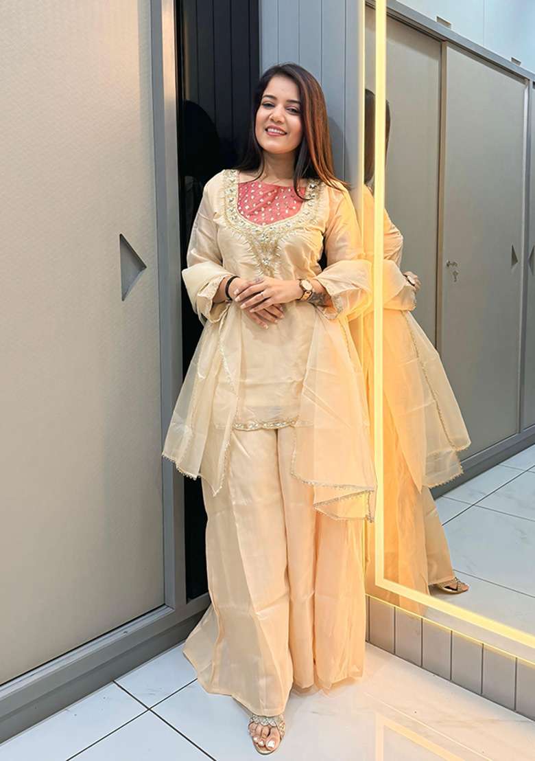 Cream Embroidered Shimmer Sharara Set - Indya