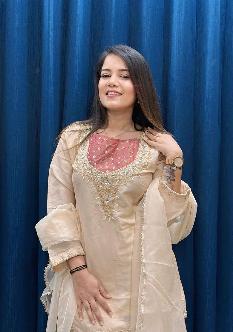Cream Embroidered Shimmer Sharara Set - Indya