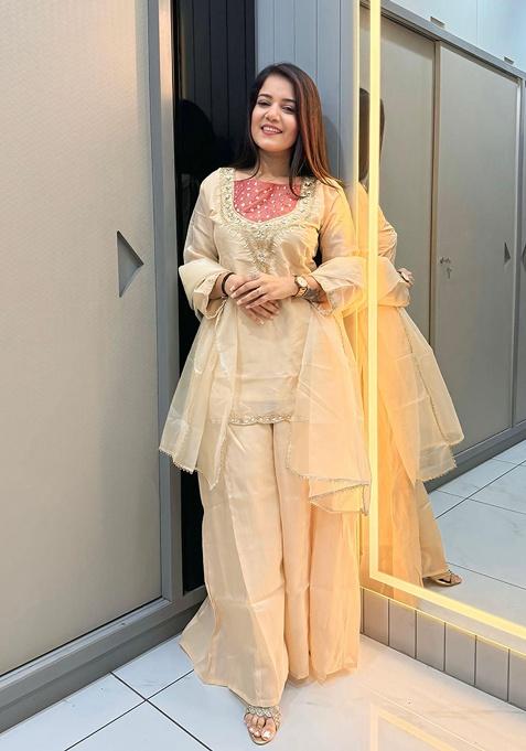 Cream Embroidery Shimmer Salwar Suit Set