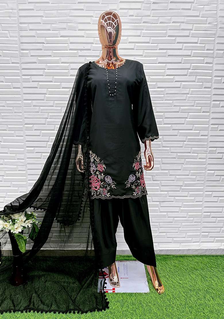 Black Embroidery Crepe Salwar Suit Set - Indya