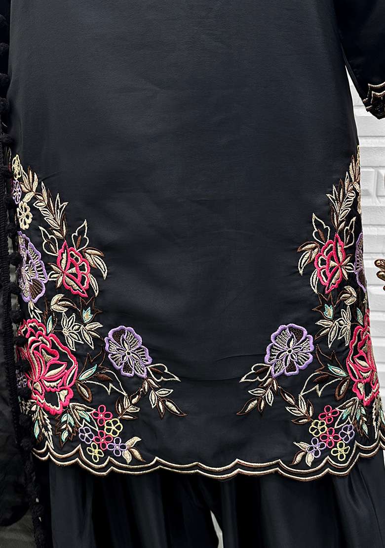 Black Embroidery Crepe Salwar Suit Set - Indya