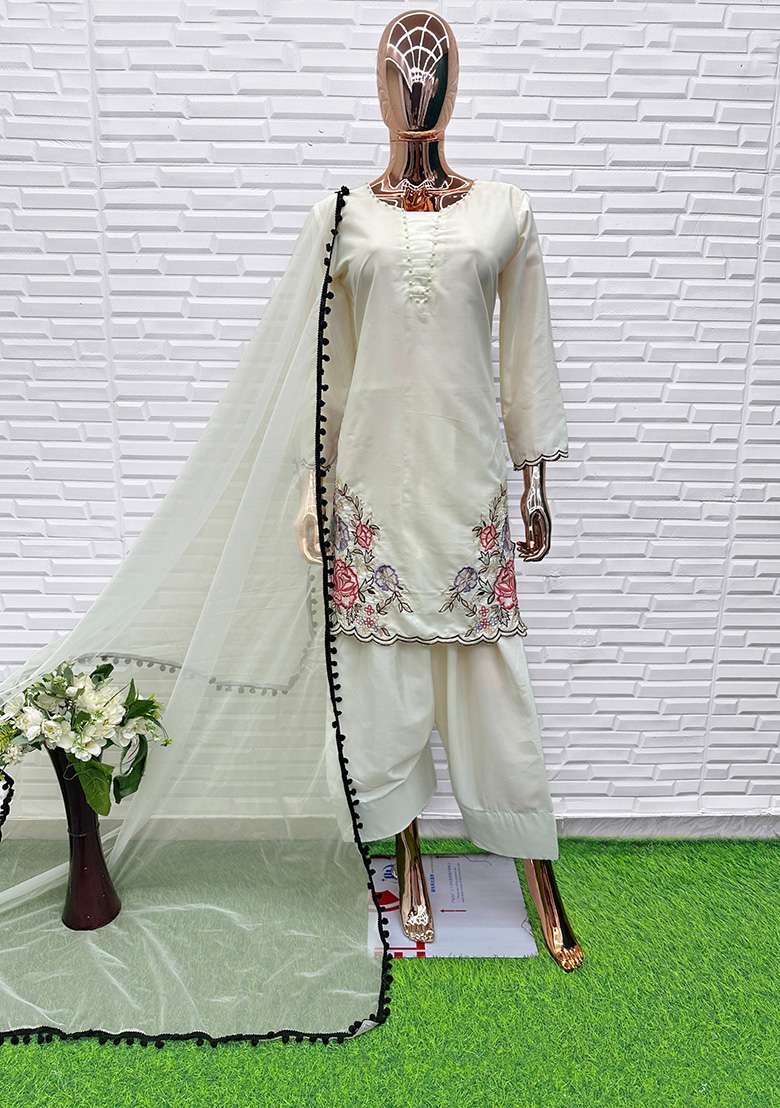 White Embroidery Crepe Salwar Suit Set - Indya