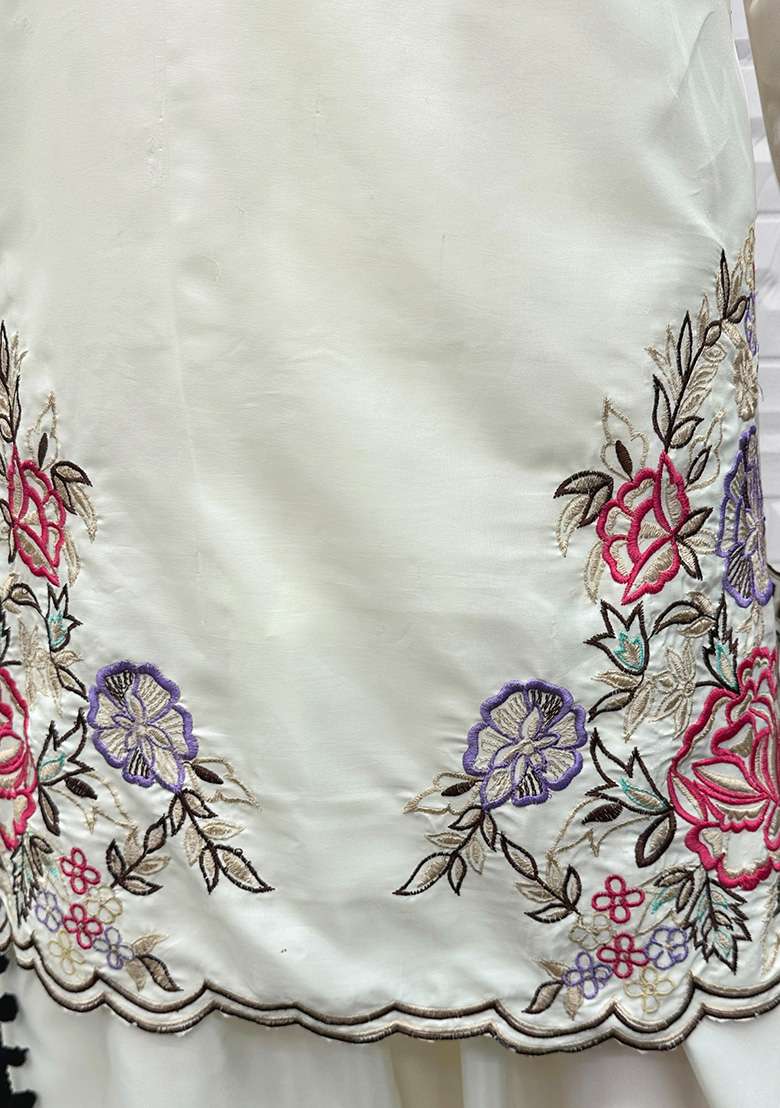 White Embroidery Crepe Salwar Suit Set - Indya