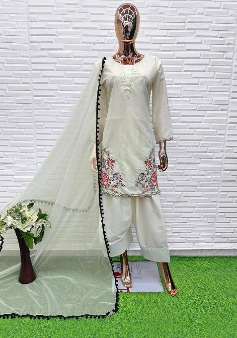 White Embroidery Crepe Salwar Suit Set