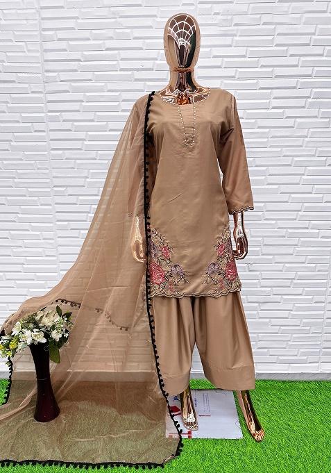Brown Embroidery Crepe Salwar Suit Set