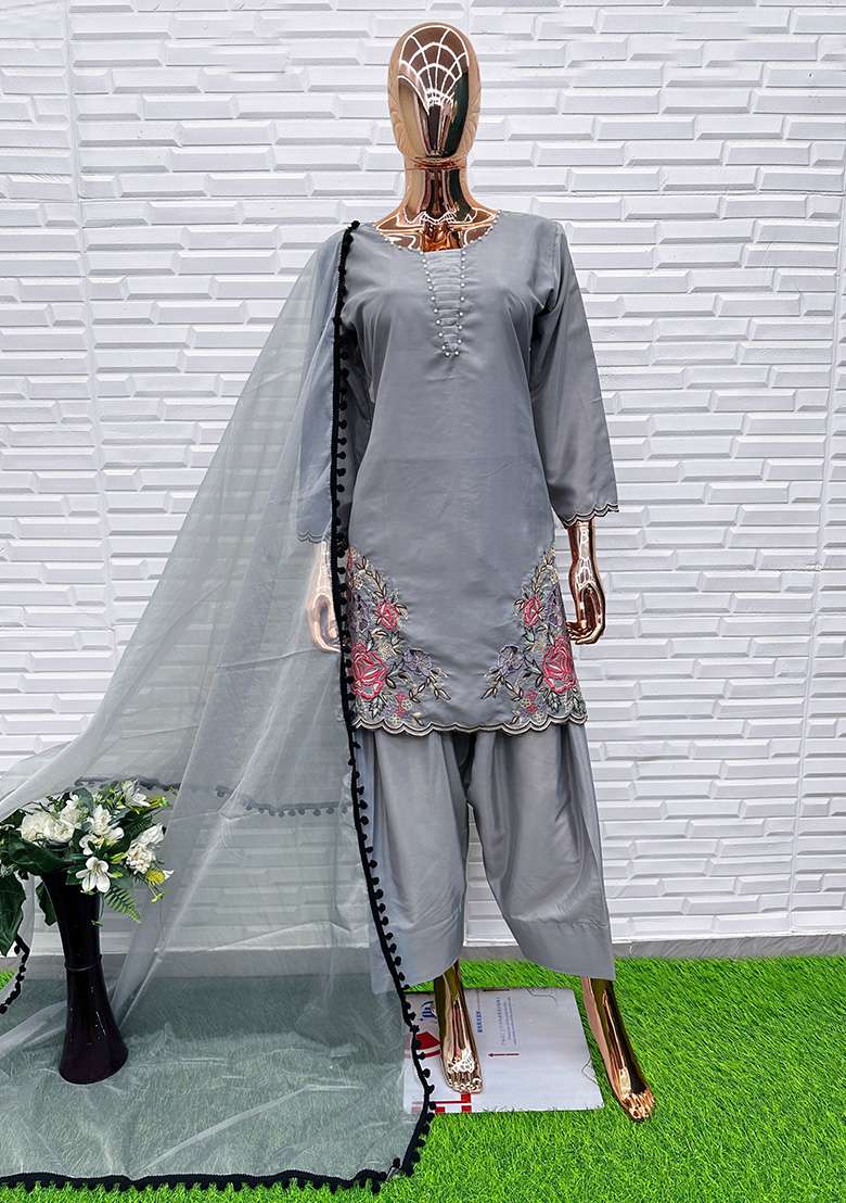 Grey Embroidery Crepe Salwar Suit Set - Indya