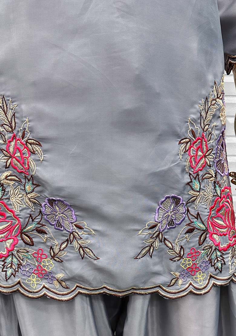 Grey Embroidery Crepe Salwar Suit Set - Indya