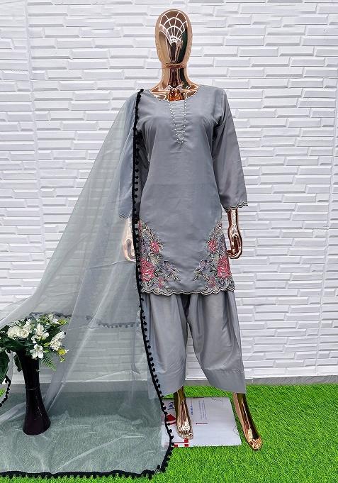 Grey Embroidery Crepe Salwar Suit Set
