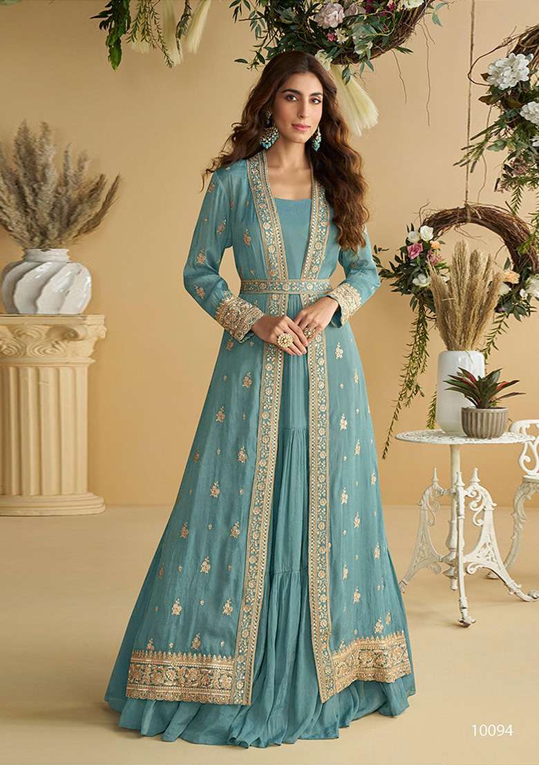 Sky Blue Embroidery Silk Salwar Suit Set - Indya