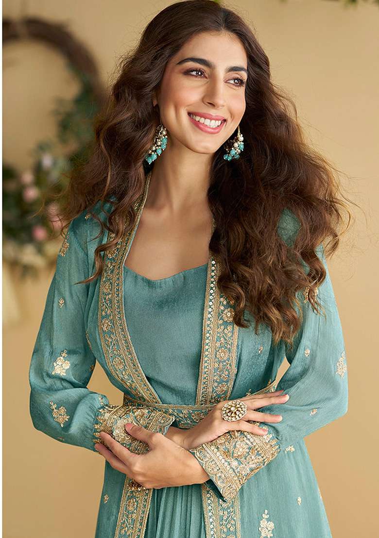 Sky Blue Embroidery Silk Salwar Suit Set - Indya