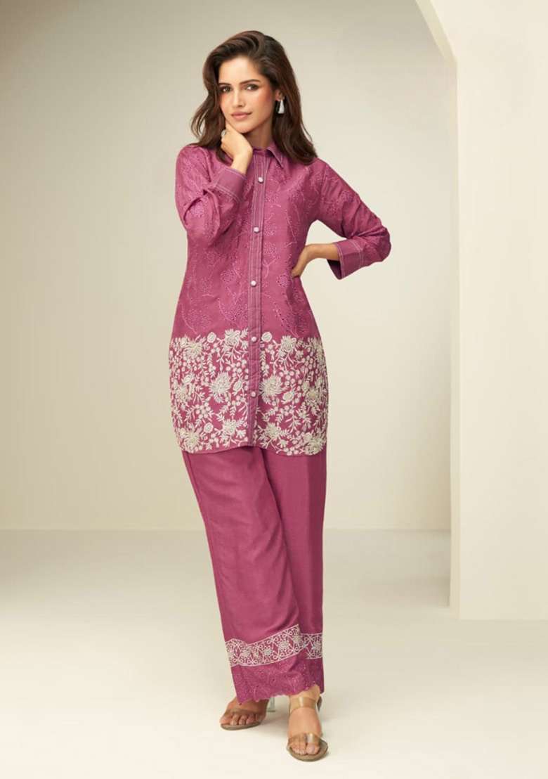 Magenta Embroidered Silk Blend Co Ord Set - Indya