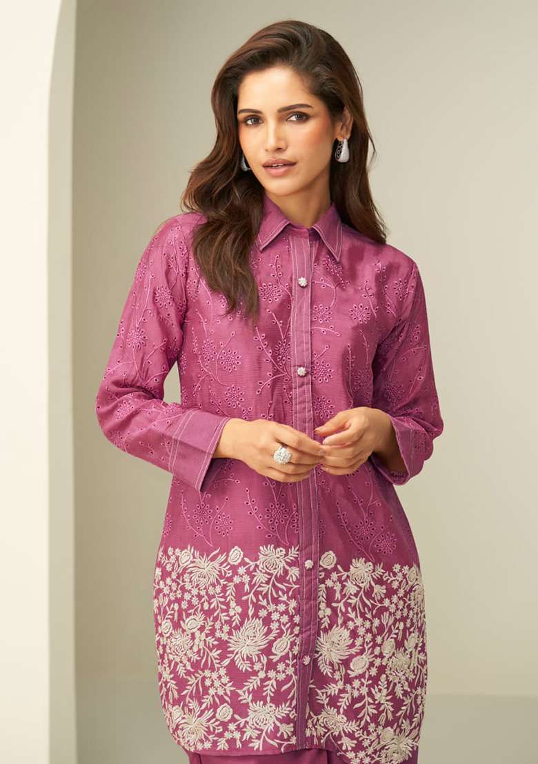 Magenta Embroidered Silk Blend Co Ord Set - Indya